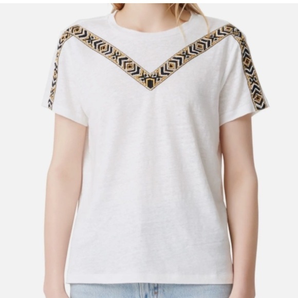 Maje ecru linen tee shirt with beaded trim. Size small (1) - Picture 1 of 7